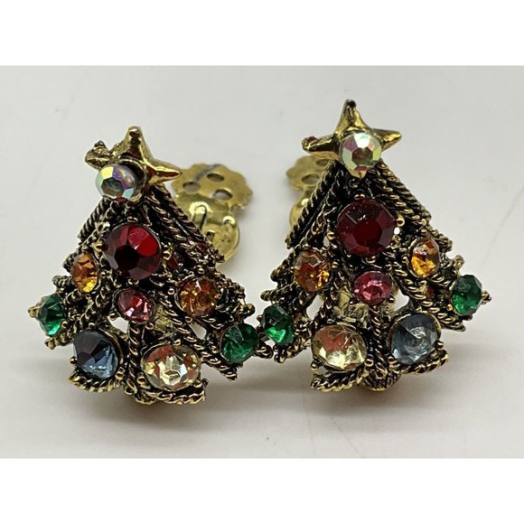 Hollycraft Vintage Christmas Tree Pin w/Matching Clip Earrings MCM Collectible - Picture 8 of 16